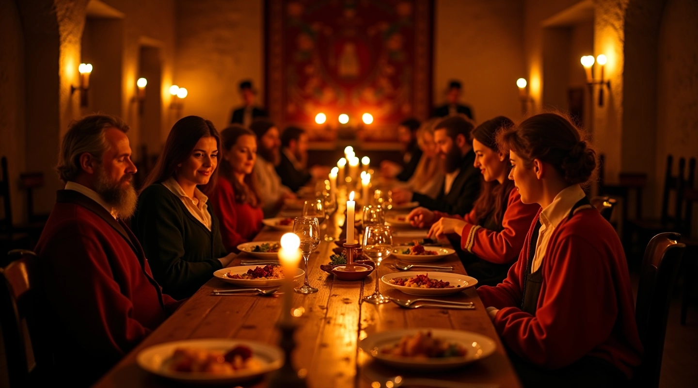 Guests enjoying a medieval banquet dinner with candlelit ambiance