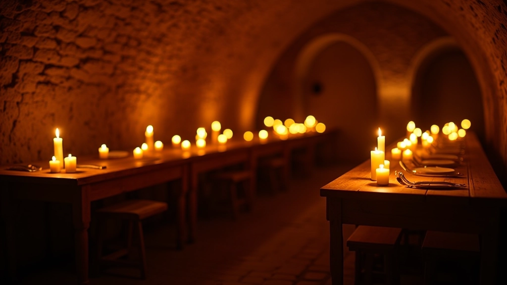Candlelit medieval cellar space with atmospheric lighting, historic stone interior for banquet events, warm amber glow on ancient walls