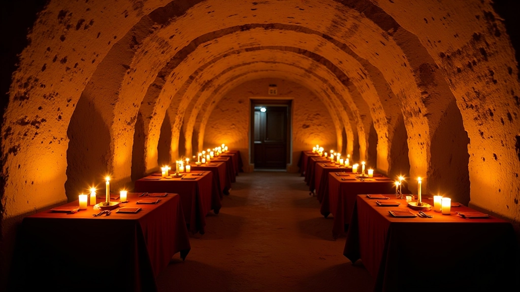 Historic stone cellar with arched ceiling, candlelit tables, and medieval architectural details in Tallinn