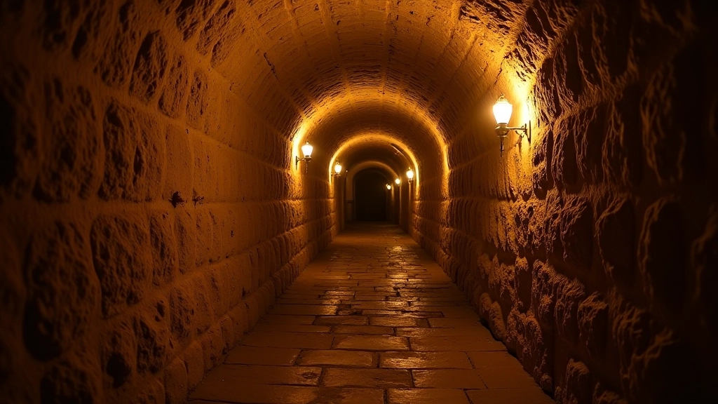 Narrow medieval stone passage with vaulted ceiling, historical Tallinn underground tunnel with period lighting and weathered walls