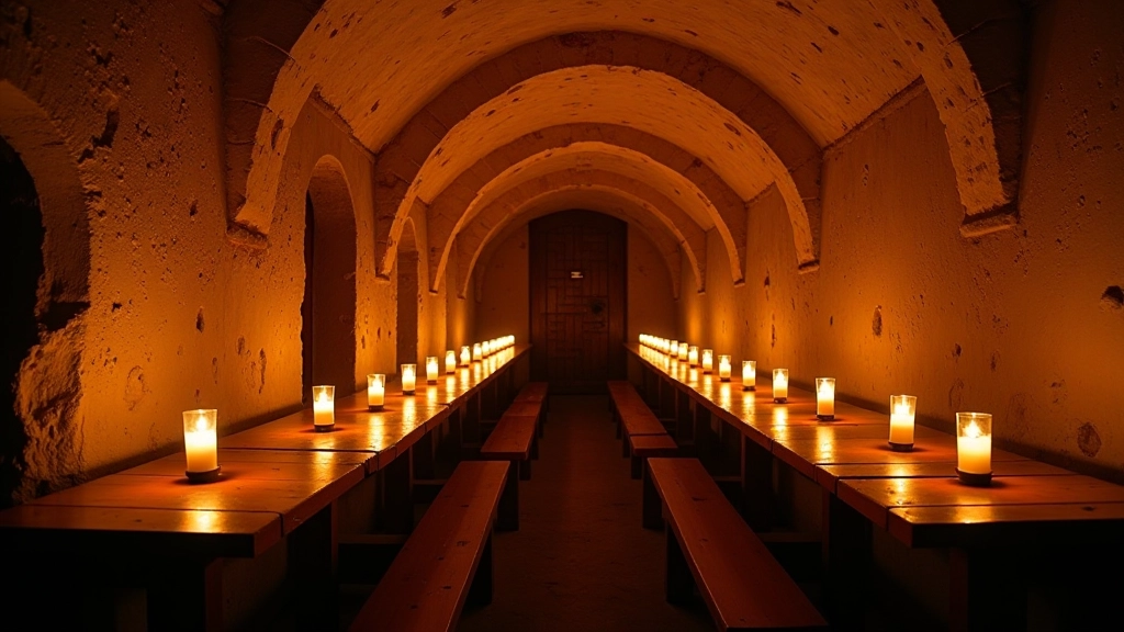 Historic Tallinn cellar with stone arches, candlelit tables, and wooden benches in period setting