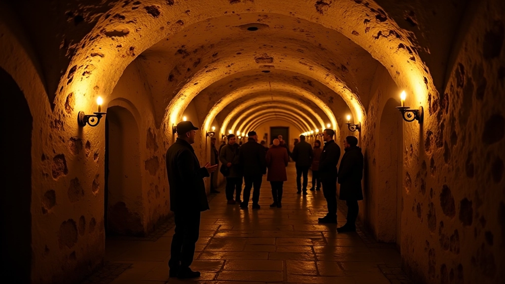 Guide leading group through candlelit medieval cellar passages