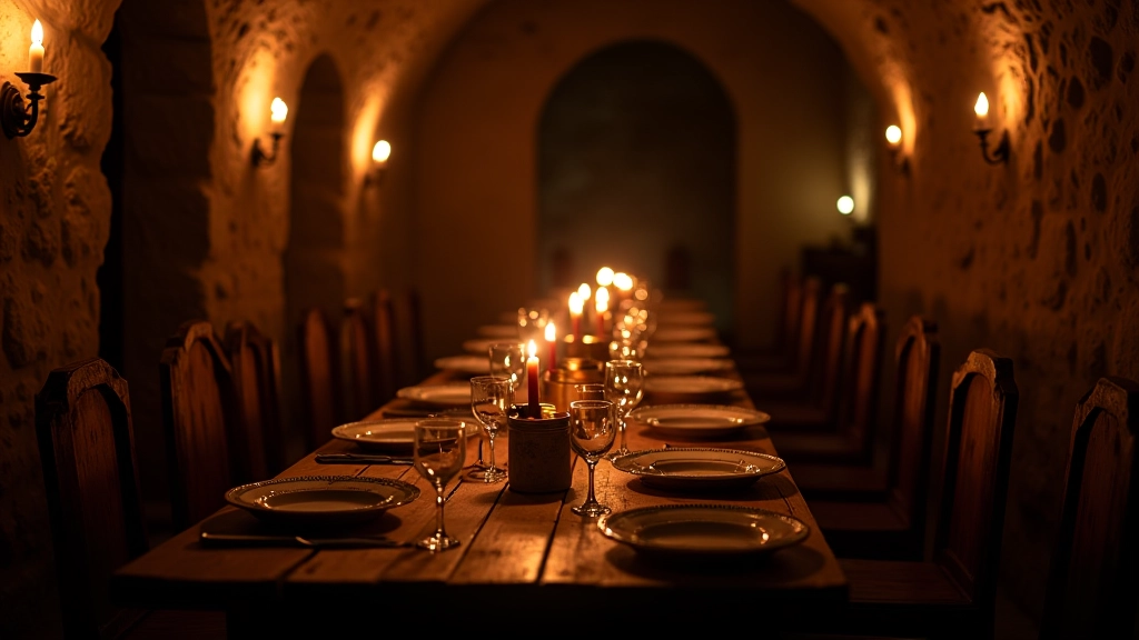 Medieval banquet table with candles and period tableware
