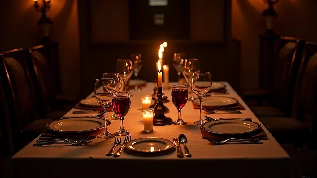 Elegant medieval banquet table setup with period-style place settings, candles, and formal dining arrangement