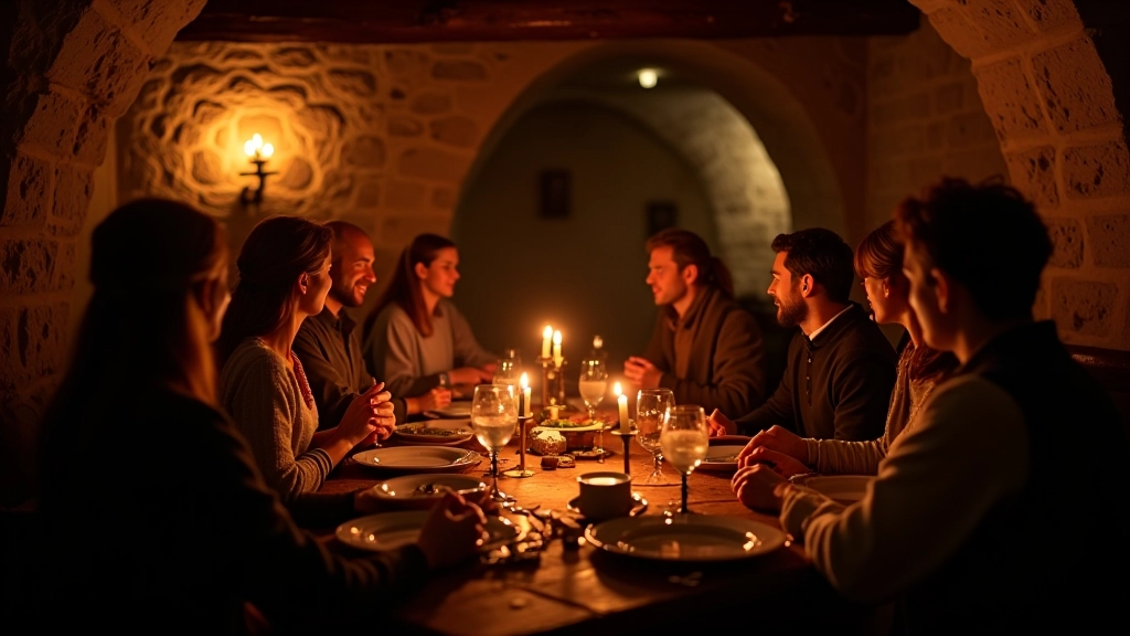 Medieval cellar feast setting with stone walls, wooden beams, candles in iron holders, and guests in period costumes dining together