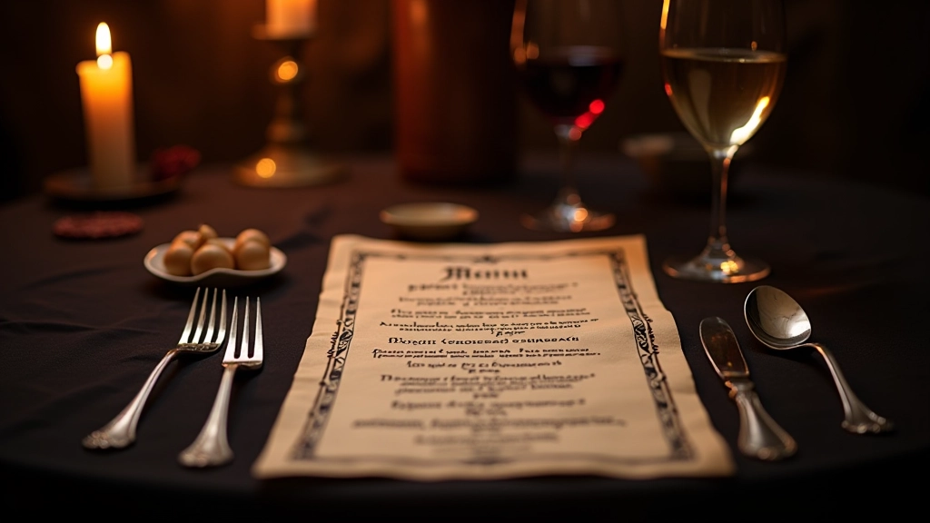 Period-correct medieval feast menu with handwritten calligraphy, wine glasses, and period serving utensils on dark fabric