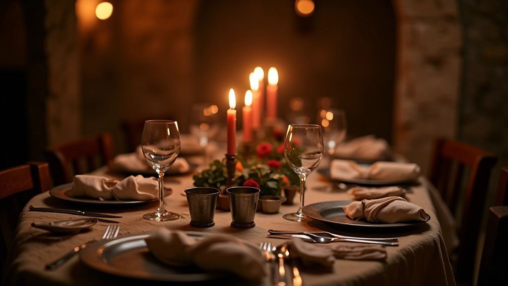 Medieval feast table setting with pewter plates, wooden trenchers, metal goblets, and linen cloth napkins arranged in historical arrangement
