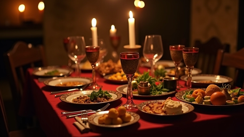 Traditional medieval feast spread with period-style dishes, goblets, and authentic serving presentation