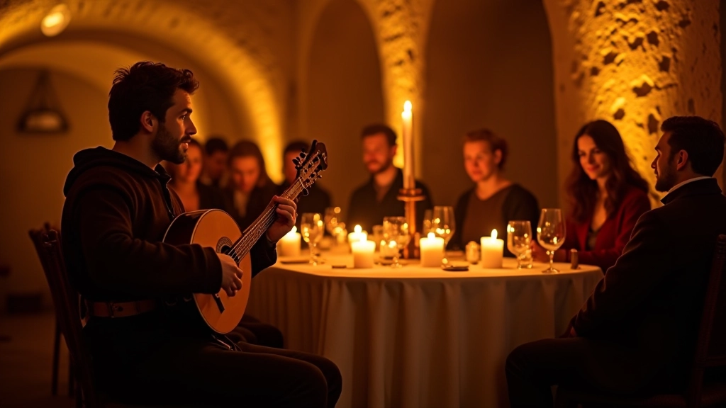 Musicians in medieval costume performing with lute and lyre in candlelit stone cellar, audience members in period dress watching from banquet table