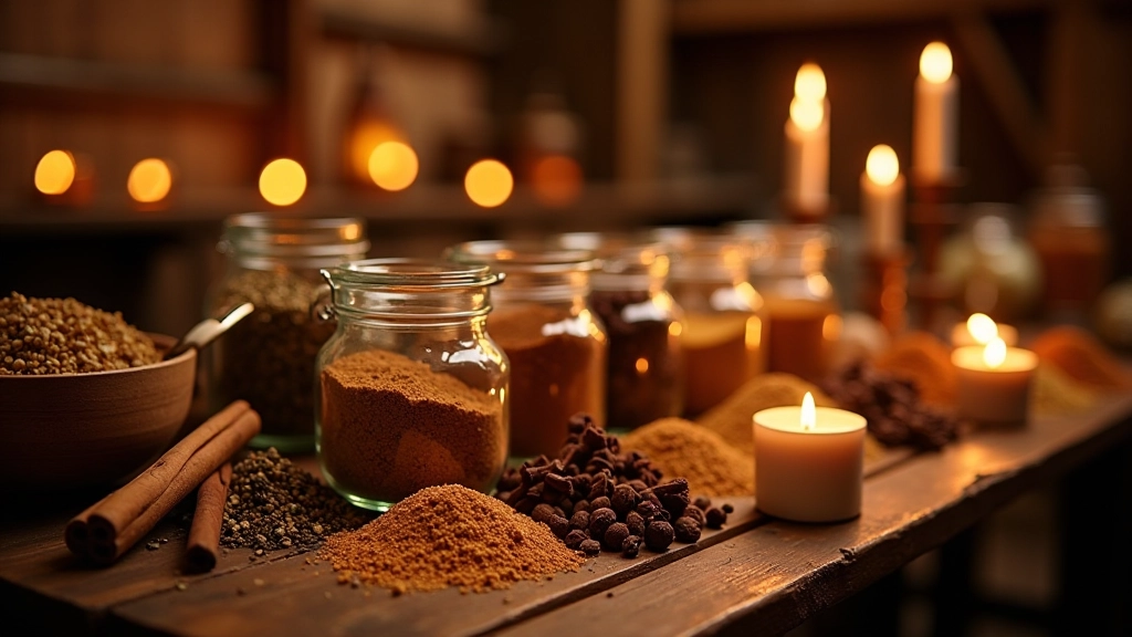 Medieval spice market display with glass jars containing cinnamon sticks, cloves, and dried herbs on wooden table, warm candlelight