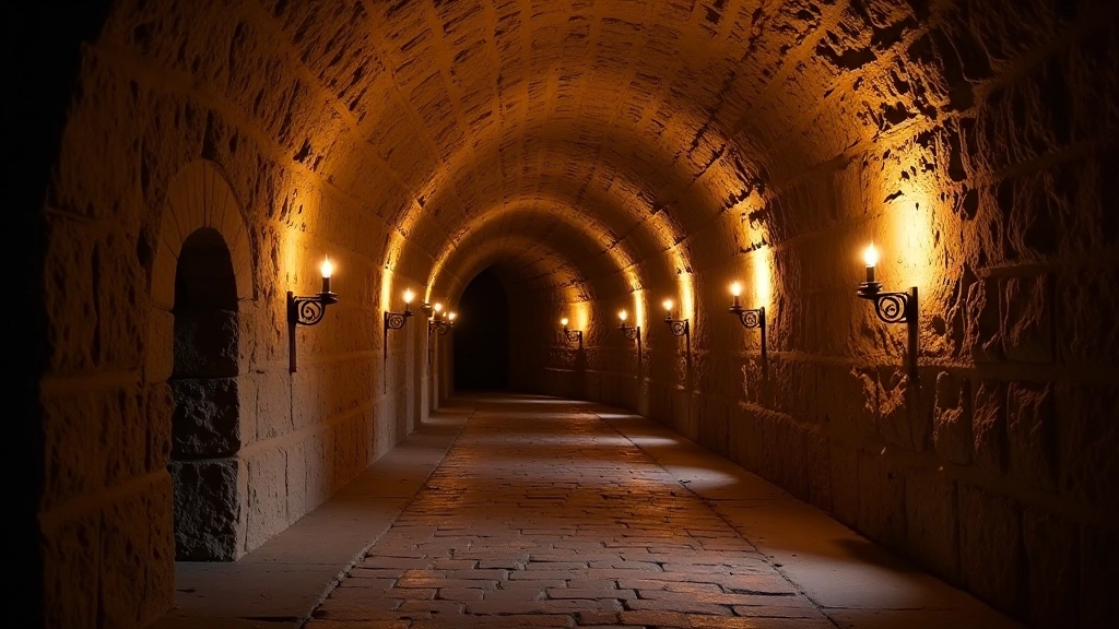 Medieval stone vault ceiling with arched construction, historic Tallinn cellar interior with thick granite walls and torch lighting