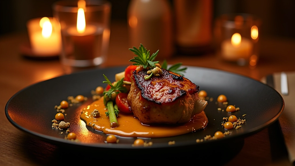 Modern plated medieval-inspired dish with roasted meat, vegetables, and decorative sauce on dark ceramic plate with candlelight reflection
