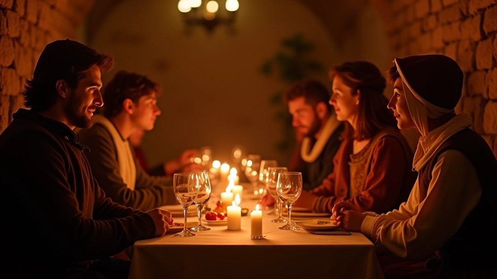 Group of people in medieval costume seated at long banquet table, engaged in conversation, candlelit atmospheric setting