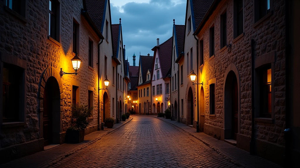 Historic Tallinn Old Town cobblestone street with medieval stone buildings at dusk, golden lamplight