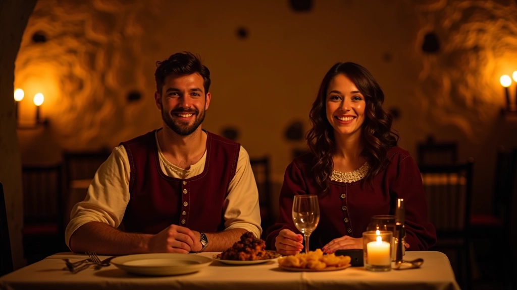 People in medieval-inspired clothing seated at candlelit banquet table in stone cellar, interacting and dining