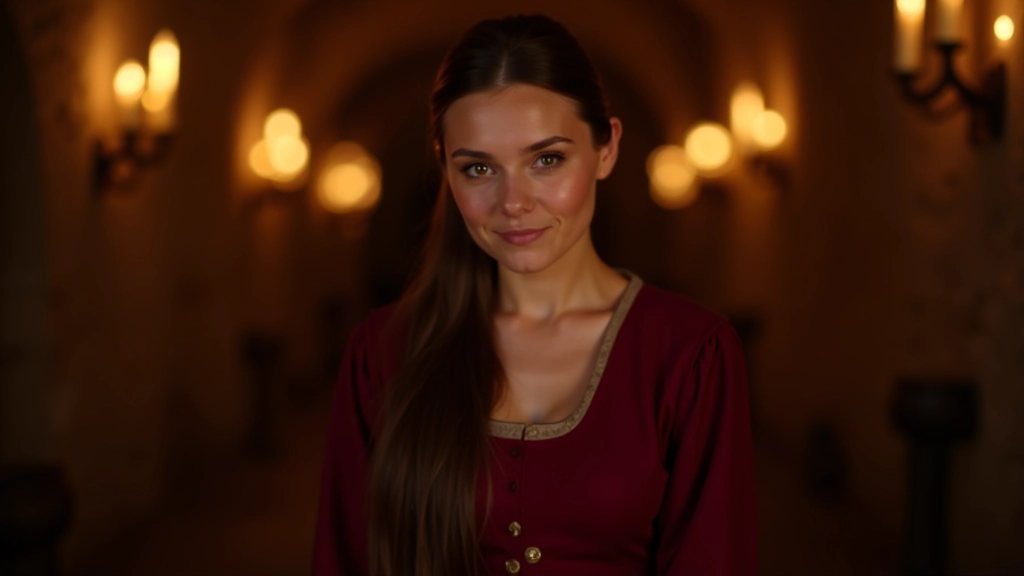 Woman in authentic burgundy medieval gown with long sleeves and natural waistline, standing in historic stone cellar with candlelight